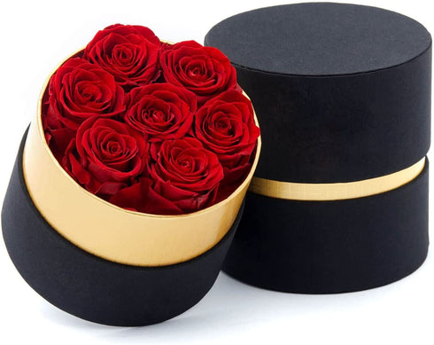 Handmade Preserved Red Roses in a Round Black  Box